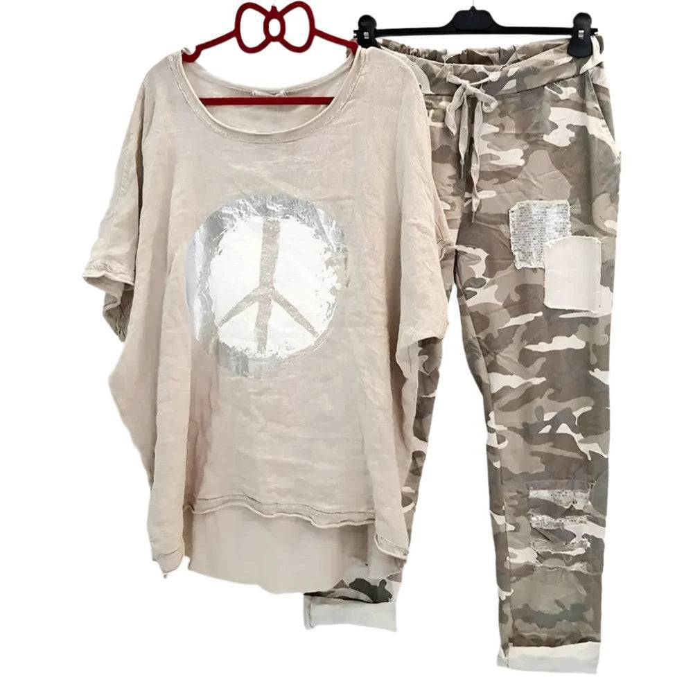 1 Set T-shirt Pants Set Women Tracksuit O Neck Irregular Hem Blouse Camouflage Print Drawstring Pants Outfit Sets survêtements - MOUNT