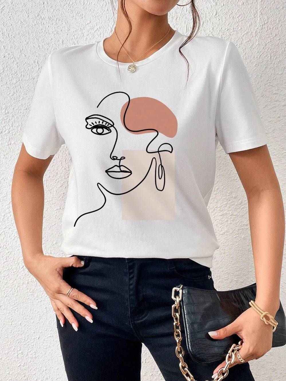 
                  
                    100% Cotton Women T-Shirts Fashion Simple Women's Face Print Tees Casual Soft Short Sleeve Tops Loose Comfortable Street Clothes - MOUNT
                  
                