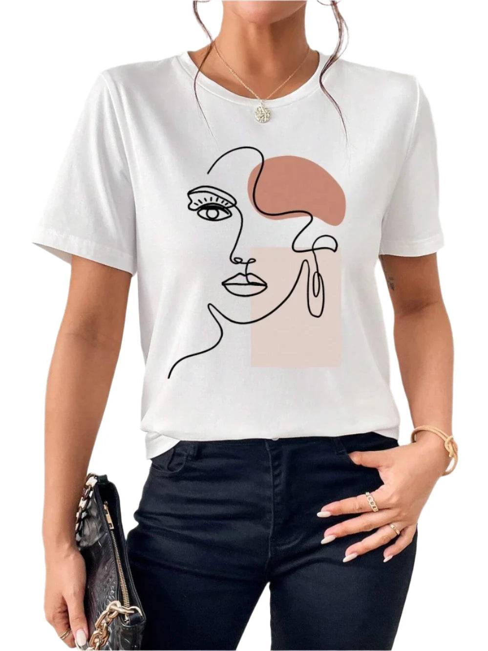 100% Cotton Women T-Shirts Fashion Simple Women's Face Print Tees Casual Soft Short Sleeve Tops Loose Comfortable Street Clothes - MOUNT