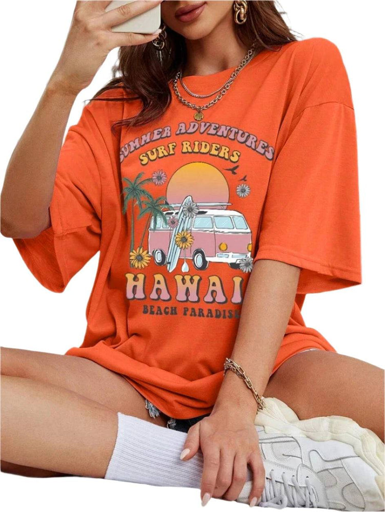 100% Cotton Women T-Shirts Hawaii Summer Adventures Print Tees Casual Soft Short Sleeve Tops Loose Comfortable Street Clothes - MOUNT