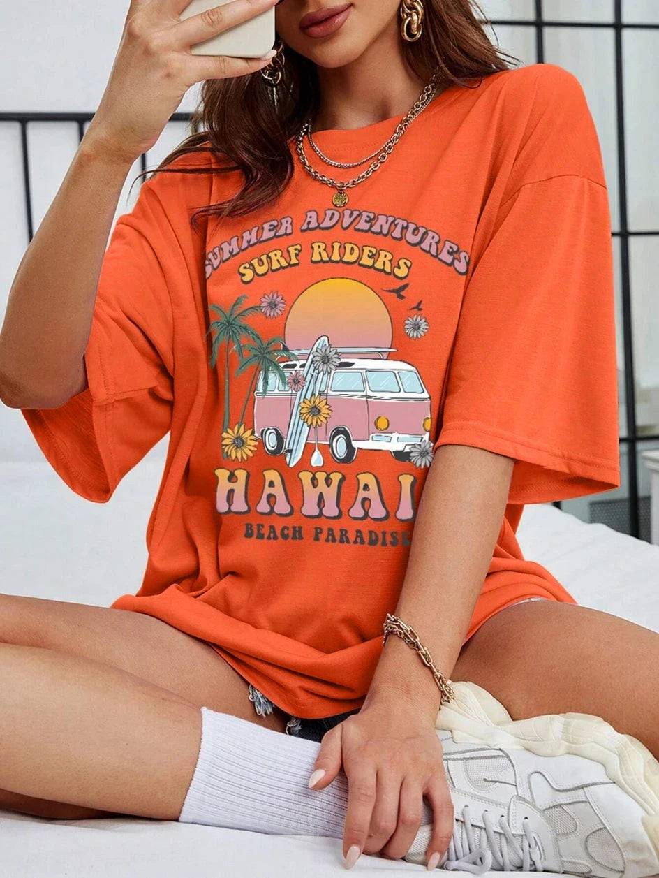 
                  
                    100% Cotton Women T-Shirts Hawaii Summer Adventures Print Tees Casual Soft Short Sleeve Tops Loose Comfortable Street Clothes - MOUNT
                  
                