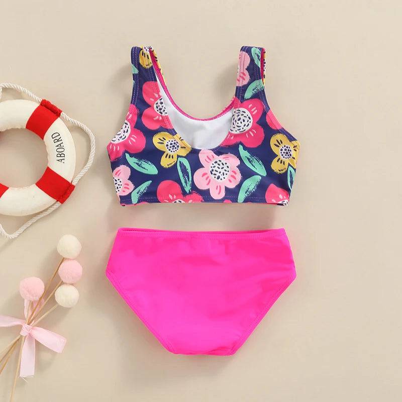 2 - 6T Girls Rose Red Letter Two - Piece Swimsuit Set Letter Flower Printed Front Knotted Vest Top with Underpants S Beach Wear - MOUNT