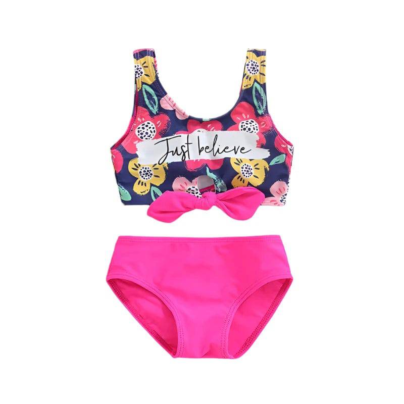 2 - 6T Girls Rose Red Letter Two - Piece Swimsuit Set Letter Flower Printed Front Knotted Vest Top with Underpants S Beach Wear - MOUNT