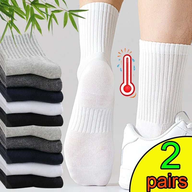 2 Pairs Men White Black Soft Warm Socks Autumn Winter Breathable Solid Color Male Sport Long Middle Tube Casual Socks for Men - MOUNT