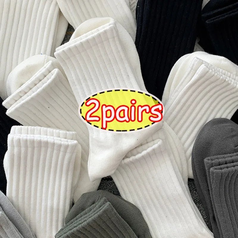 2 Pairs Men White Black Soft Warm Socks Autumn Winter Breathable Solid Color Male Sport Long Middle Tube Casual Socks for Men - MOUNT