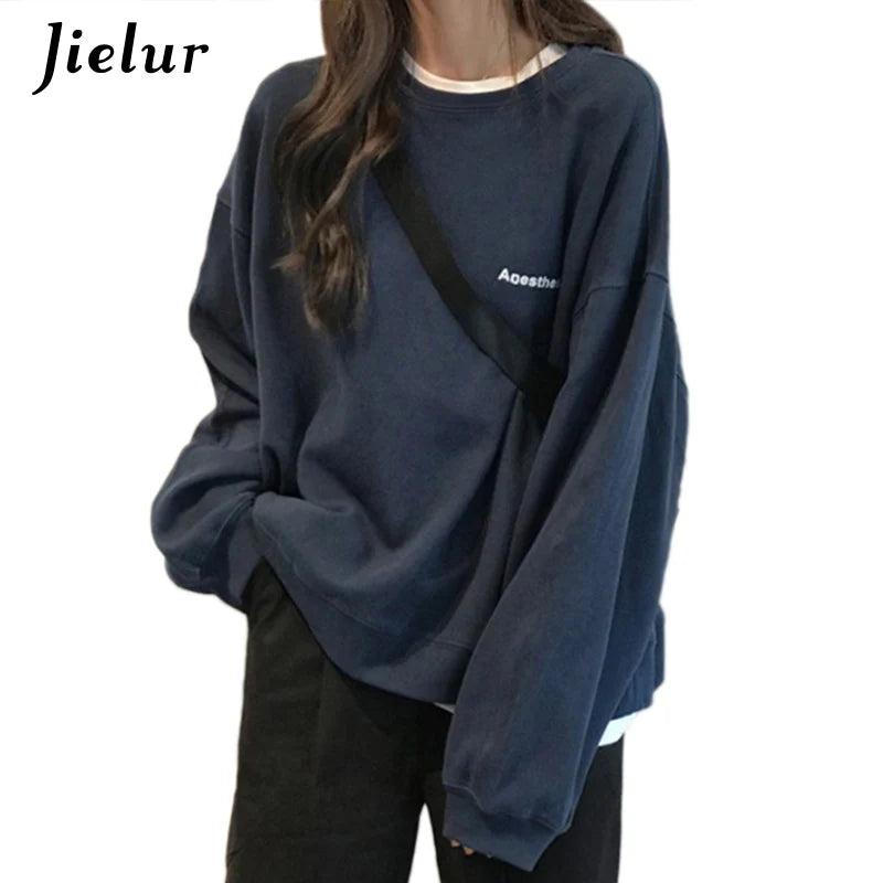 
                  
                    Jielur New Kpop Letter Hoody Fashion Korean Thin Chic Women's Sweatshirts Cool Navy Blue Gray Hoodies for Women M-XXL
                  
                