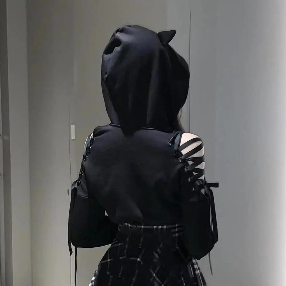 
                  
                    Harajuku Women Summer Top Long Sleeveless Cute Cat Ear Hooded Pullover Lace Up Sweatshirt Hollow Out Lace Up Hoodies Short Top
                  
                