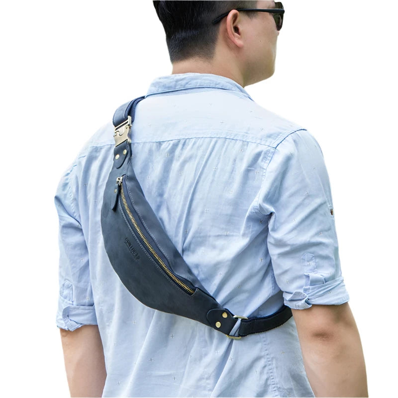 CONTACT'S 100% Crazy Horse Leather Waist Packs Travel Fanny Pack For Men Leather Waist Bag Male Belt Bag Multifunction Chest Bag