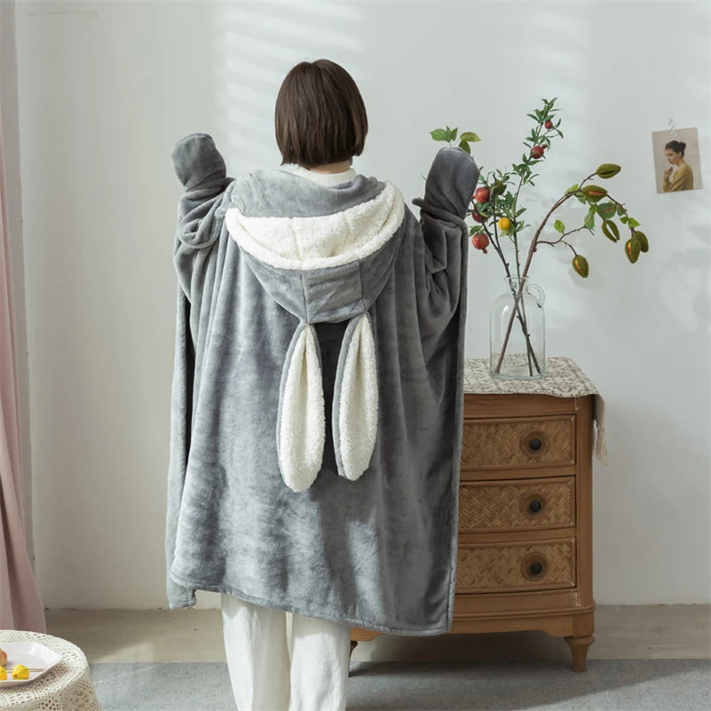 Cute Rabbit Ears Lamb Velvet Hooded Cloak Cover Blanket Warm Soft Plush Nap Sofa Chair Throw Blankets Bedspread Cover Blanket