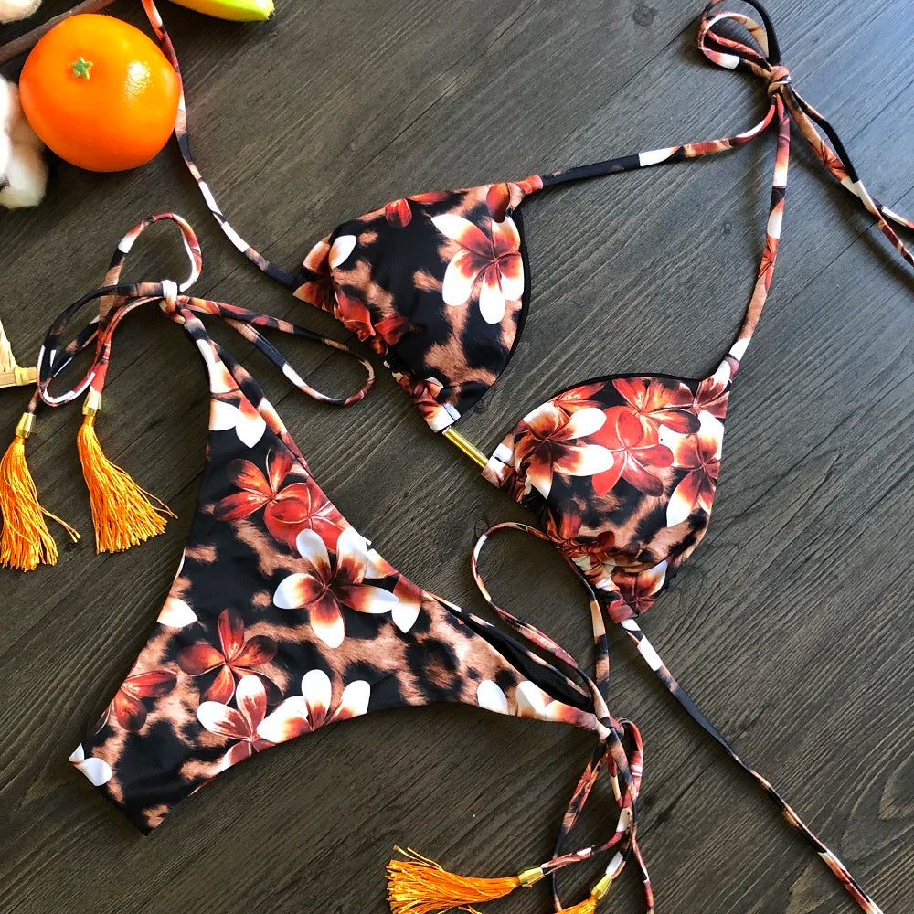 
                  
                    2020 Women Sexy Bikini Set Up Floral Print Bandage Swimsuit High Waist Thong Brazilian Biquini swimwear Summer Beach Wear
                  
                