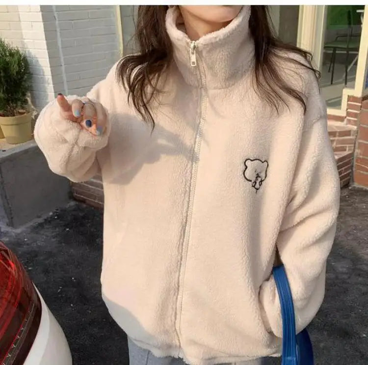 
                  
                    Winter Letter Pink Zippercoat Lamb Wool Keep Warm Mid-length Women Sweatshirt Embroidery Cute Biscuit Bear Fashion Lady Pullover
                  
                