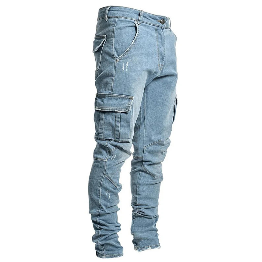 
                  
                    MOUNT Street Elastic Jeans Men Denim Cargo Pants Wash Solid Color Multi Pockets Casual Mid Waist Trousers Slim Fit Daily Wear Joggers
                  
                