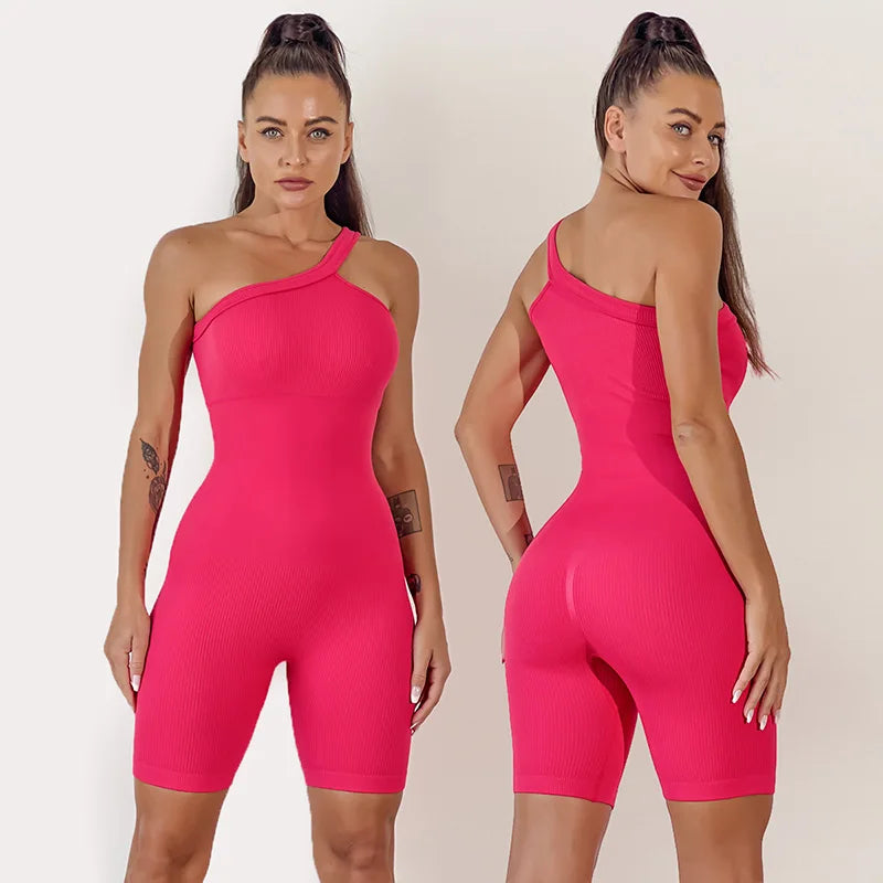 
                  
                    Yoga Set Women One Shoulder Sports Romper Padded Workout Jumpsuits Scrunch Shorts Sportswear
                  
                