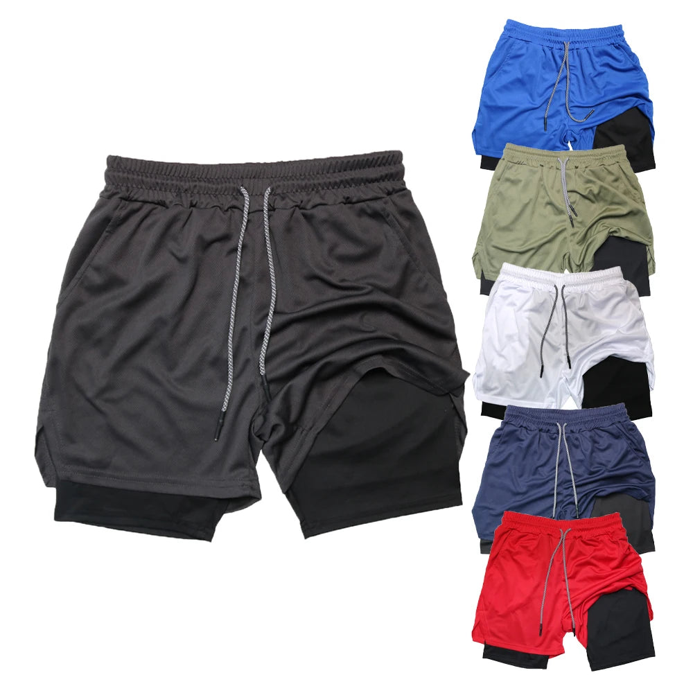 Men's Double Layer Fitness Shorts Men Fitness Gym Training 2 in 1 Sports Shorts Quick Dry Workout Jogging Double Deck Summer