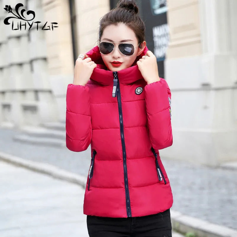 MOUNT UHYTGF Winter Jackets For Women 2024 New Parkas Hooded Thick Warm Cotton Short Jacket Women's Basic Down Coat Outerwear 5XL 1058