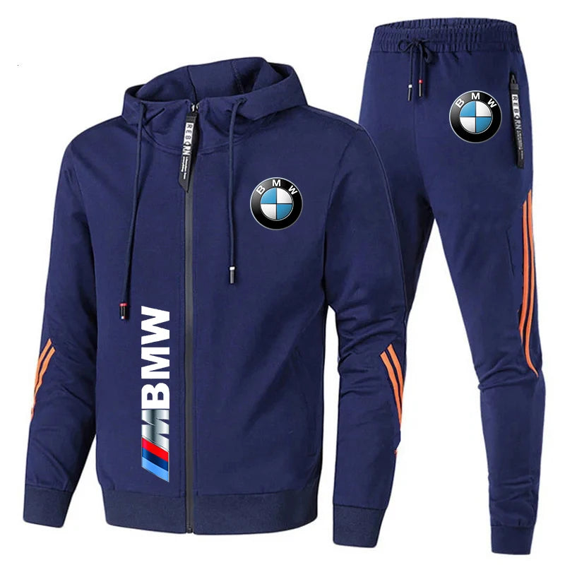 2024 New Men's BMW Tracksuit BMW Logo Print Casual Clothing Men Zip Motorcycle Jacket Sweatshirt+Pants 2 Piece Sportswear S-3XL