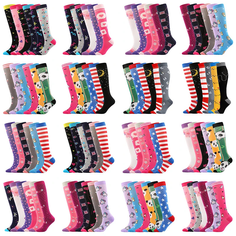 6 Pairs Compression Socks Women's Printed Varicose Veins Nurse Medical Pregnancy Blood Circulation Elastic Socks Sports Running