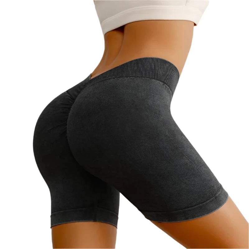 Seamless High Stretch Sports Shorts Women V-shaped Hip Gym Cycling Elastic Tights Sand Washed Denim Yoga Shorts