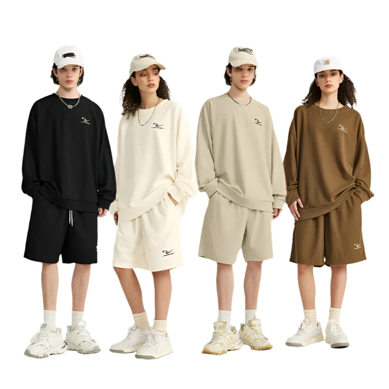 INFLATION Spring Oversized Tracksuit Sportswear Unisex Pique Fabric Embroidery Long Sleeve Tees and Shorts Set