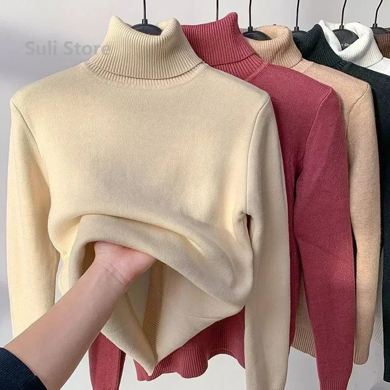 
                  
                    Women's Turtleneck Sweater Winter 2024 Retro Red with Velvet Lining Thickened Inner Wear Thermal Knitting Bottoming Shirt
                  
                