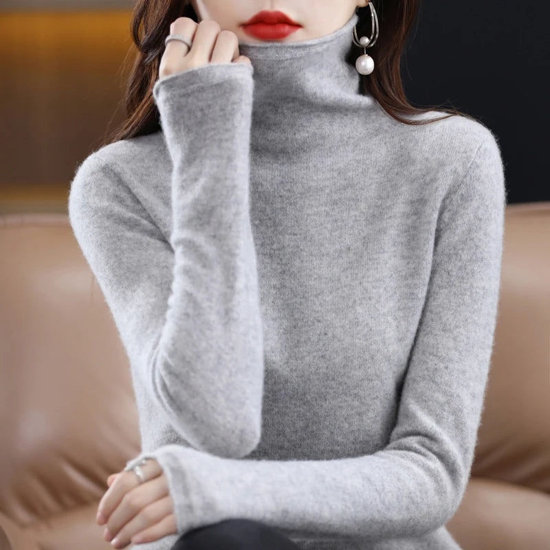 MOUNT Merino Wool Cashmere Sweater Women's High Stacked Collar Pullover Long Sleeve Winter...