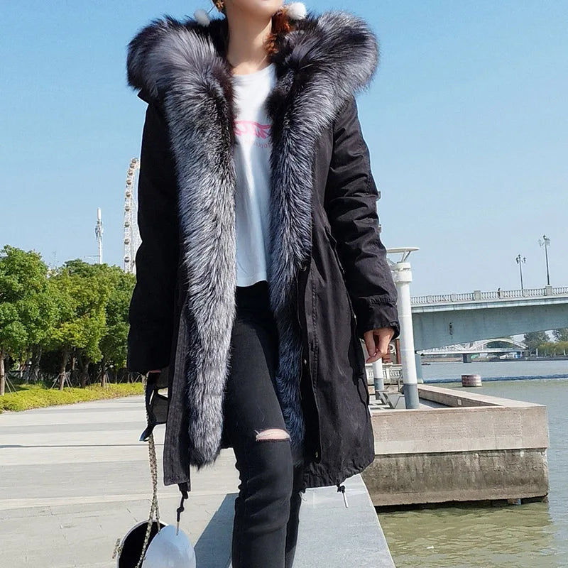 
                  
                    MOUNT Maomaokong Winter Women's Fur Jacket Long Outdoor Tops Real Fox Fur Collar Inner Fur Lining...
                  
                