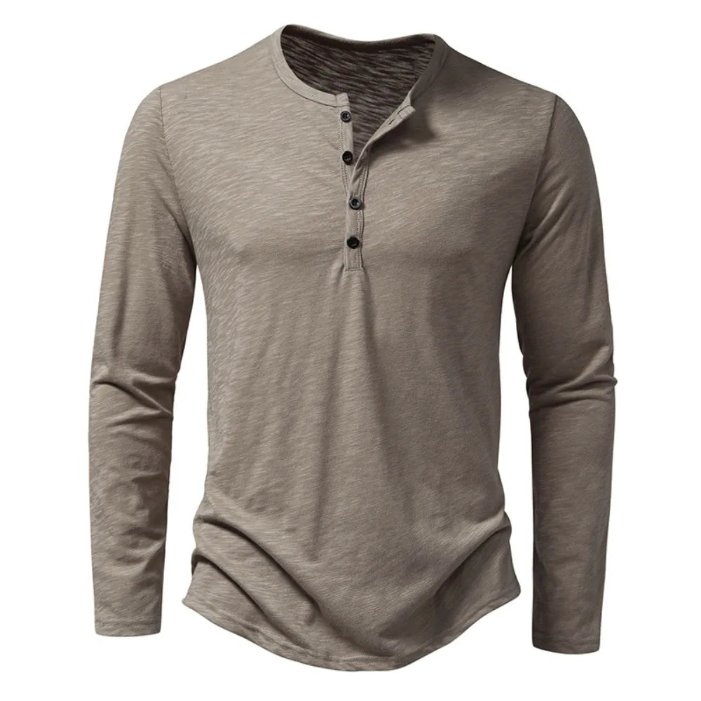 MOUNT Men's Cotton Button Henley neck Shirt Long Sleeve Casual Button Solid color Fashion T-Shirts