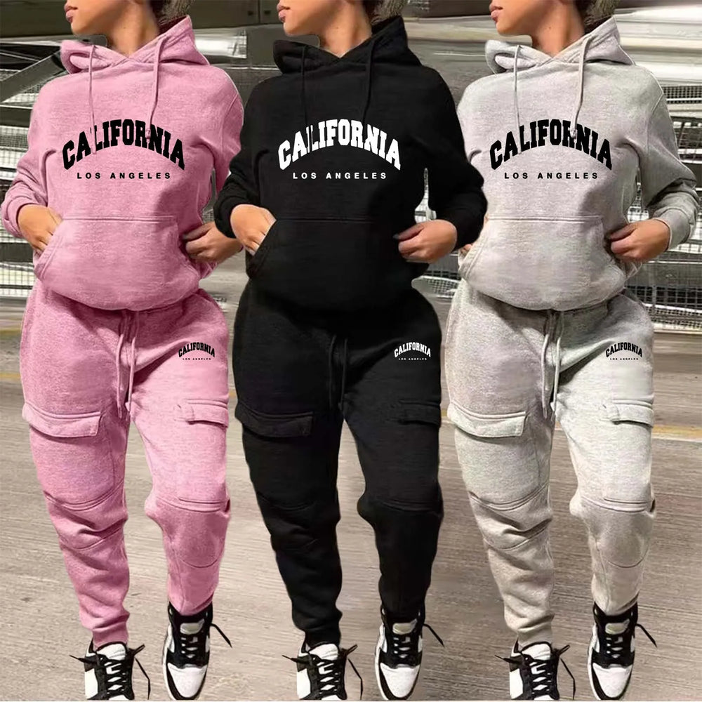 Women Printed Fashion Casual Sweatshirt Set Two Piece Sports Sweatshirt With Multiple Pockets Pants Female Autumn Streetwear