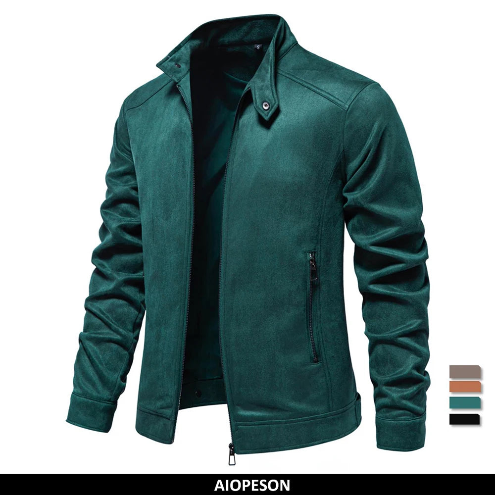 AIOPESON New Men's Stand Collar Zip Suede Jacket Fashion Casual Business Faux Leather Trucker Jackets Coat for Men