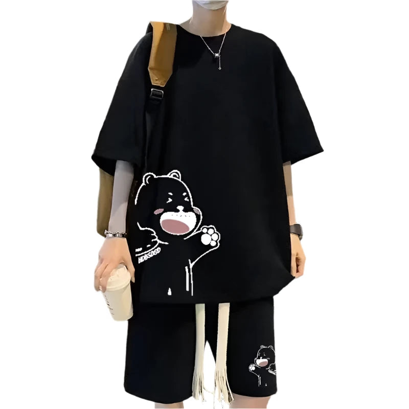 Summer Man Tracksuit Japan Cartoon Streetwear Hip Hop Rock Casual Short Suit Cool Printed waffle T Shirts Shorts 2 Piece Set New