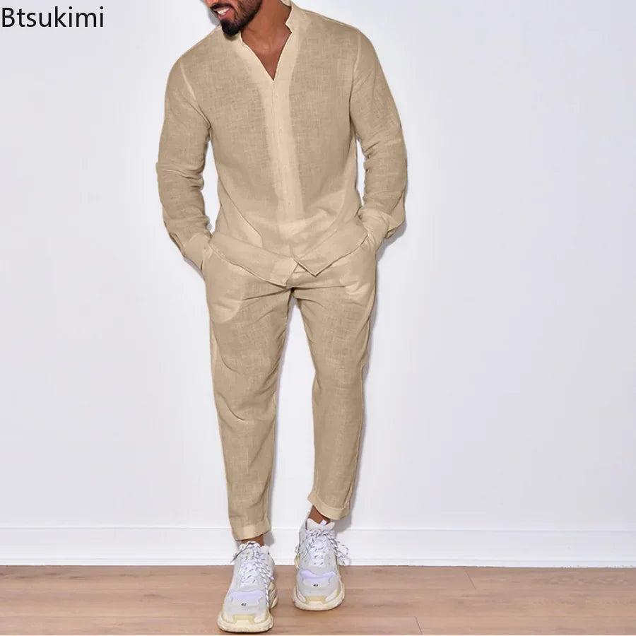 
                  
                    2024 Casual Long Sleeve Shirt and Pants Sets Men Solid Cotton Linen Tops Leisure Tees Trousers Suit Sets Fashion Tracksuit Male
                  
                