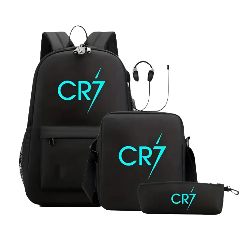 3pcs CR7 Luminous Backpacks Capacity Travel Backpack Sports-Printed Shoulder Bag for School and Casual Outings Laptop Teens Bags