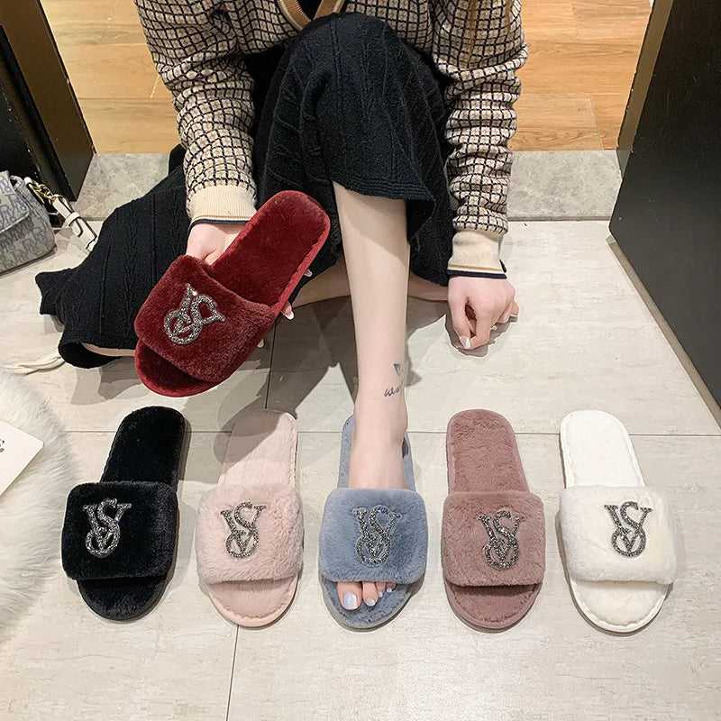 
                  
                    Female Home Cotton Slippers Women Autumn Winter Hairy Warm Footwear Fashion Letter Rhinestones Sandals Woman Casual Flat Shoes
                  
                