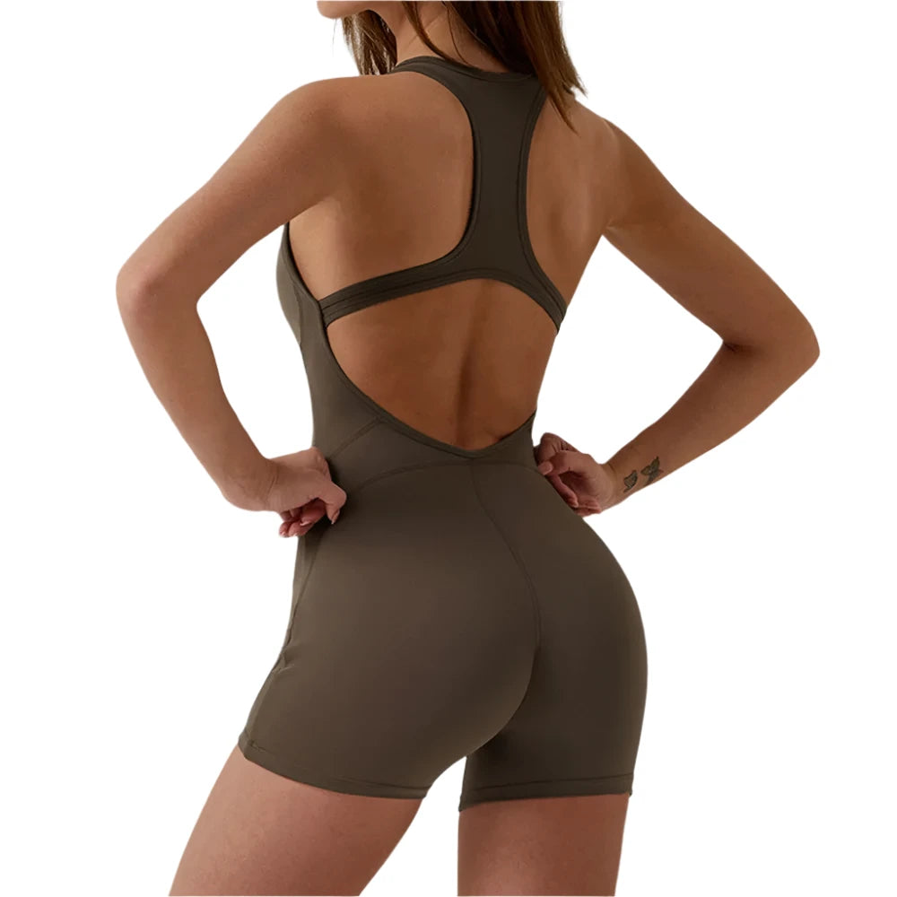 Open Back Jumpsuit for Women Workout Gym Romper Padded Yoga Set V Neck Gym Suit Backless Bodysuit Fitness Padded Gym Clothing