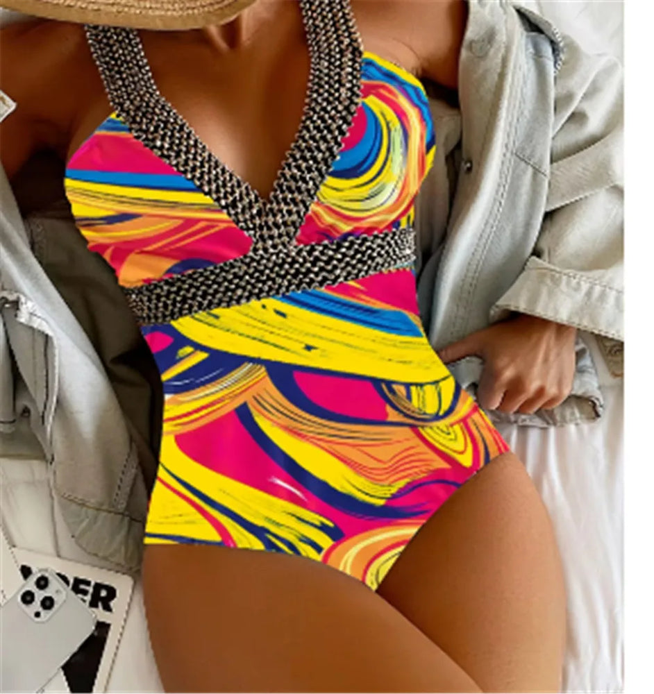 
                  
                    Vigoashely 2024 Sexy Print Strapped Swimwear Women Push UP One Piece Swimsuit Monokini Backless Hollow Summer Bathing Suit
                  
                