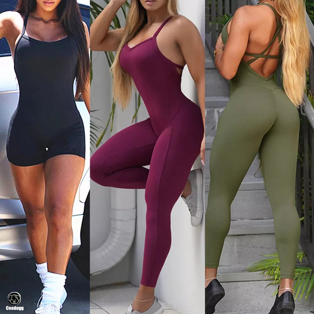 Backless Sports Woman Lycra Fitness Overalls One Piece Jumpsuit Shorts Sport Outfit Gym Workout Clothes for Women Sportwear