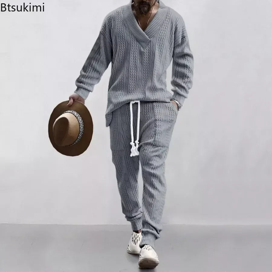 
                  
                    2024 Men's Knitted Suit Sets Long Sleeve V-neck Shirts and Drawstring Pants Sets Pockets Tracksuit Men's Solid Knitted 2PCS Sets
                  
                