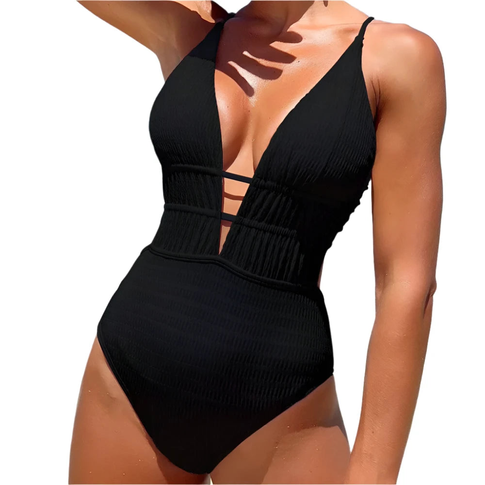 Sexy Black Ribbed Backless Swimwear Woman 2024 One Piece Swimsuits String Cross Swimming Wear Bathing Suit Bathers Bodysuit