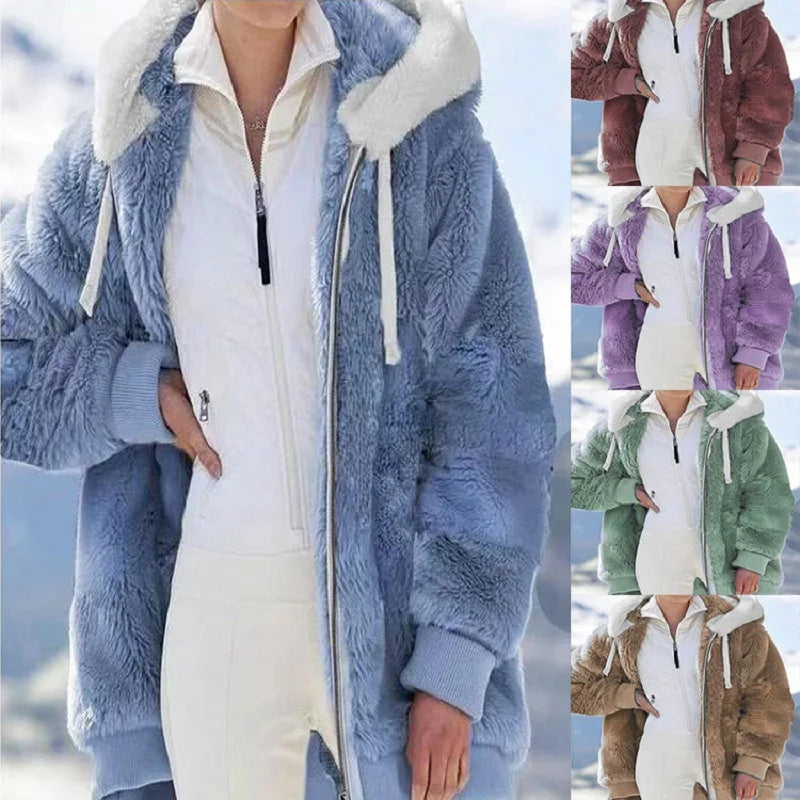 MOUNT New Style Autumn And Winter Loose Plush Zipper Hooded Jacket Woman