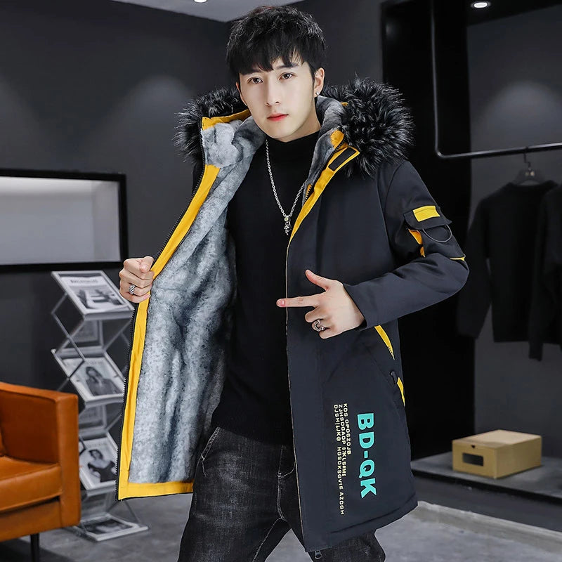 
                  
                    Winter Men's Long Padded Jackets Fashion Man Thermal Hooded Coats Classic Men Fur Collar Fleece Lined WarmJackets Clothing 5XL
                  
                