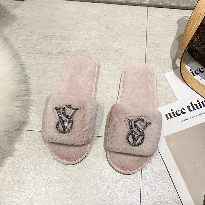 
                  
                    Female Home Cotton Slippers Women Autumn Winter Hairy Warm Footwear Fashion Letter Rhinestones Sandals Woman Casual Flat Shoes
                  
                