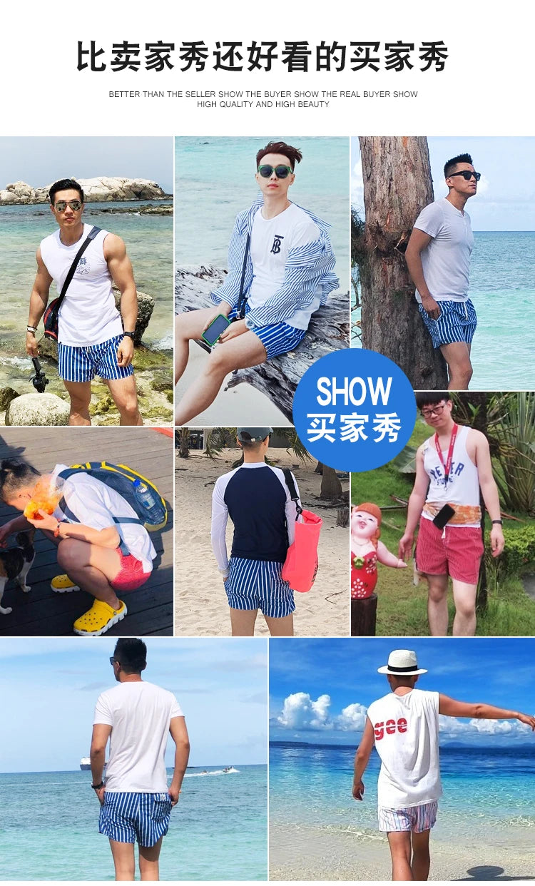 
                  
                    Men Clothing 2023 Beach Pants Men's Beach Vacation White Striped Shorts Hot Spring Swimming Trunks with Lining
                  
                