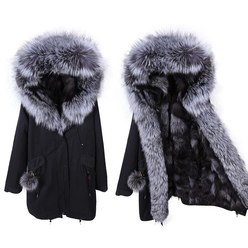 
                  
                    MOUNT Maomaokong Winter Women's Fur Jacket Long Outdoor Tops Real Fox Fur Collar Inner Fur Lining...
                  
                