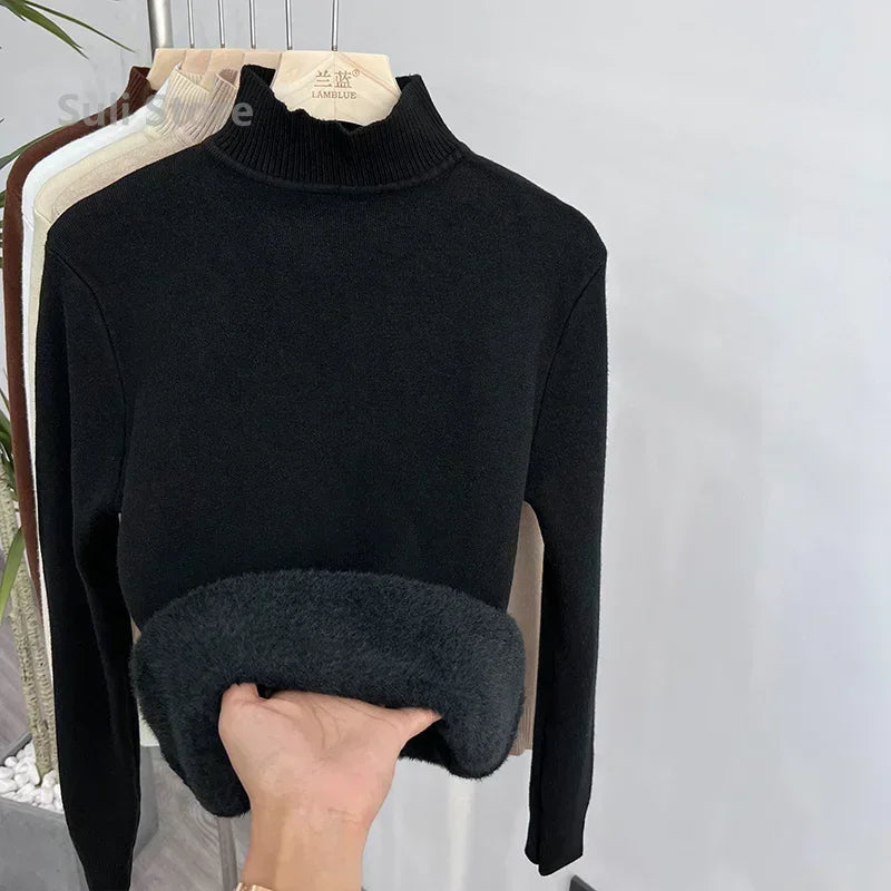 
                  
                    Women's Turtleneck Sweater Winter 2024 Retro Red with Velvet Lining Thickened Inner Wear Thermal Knitting Bottoming Shirt
                  
                