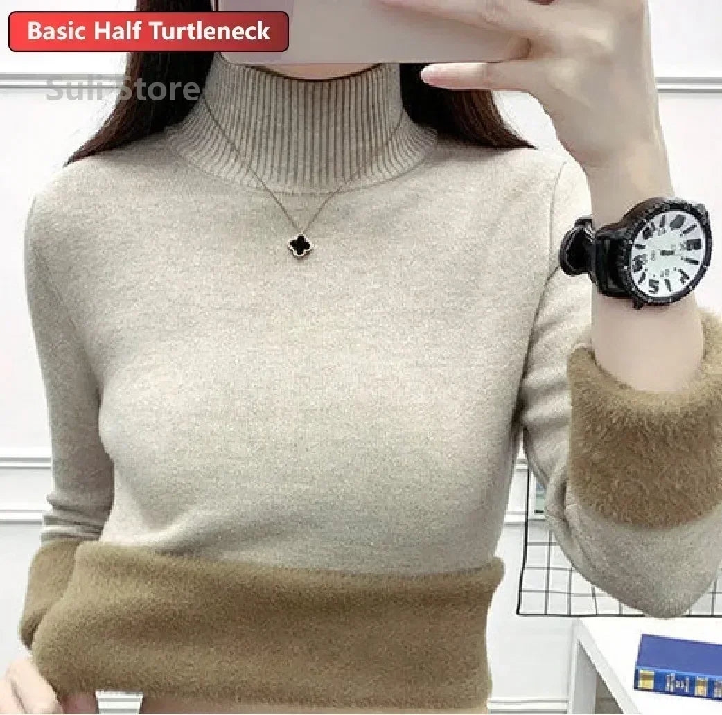 
                  
                    Women's Turtleneck Sweater Winter 2024 Retro Red with Velvet Lining Thickened Inner Wear Thermal Knitting Bottoming Shirt
                  
                