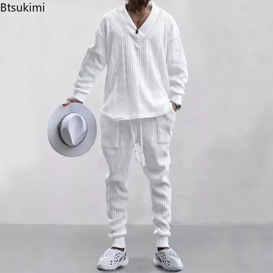 
                  
                    2024 Men's Knitted Suit Sets Long Sleeve V-neck Shirts and Drawstring Pants Sets Pockets Tracksuit Men's Solid Knitted 2PCS Sets
                  
                