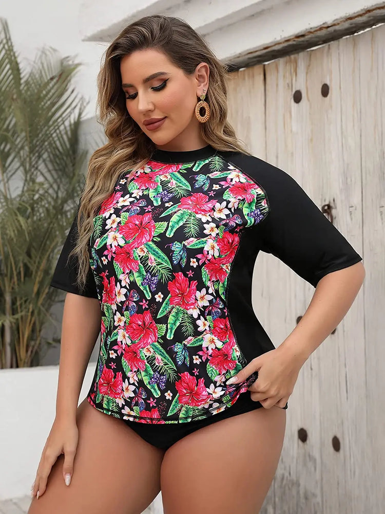 
                  
                    Attraco Swimsuit Swimwear Rash Guard Women Short Sleeve Retro Floral Print Shirt Womens Plus Size UPF50+ Rash Guard Beach Wear
                  
                