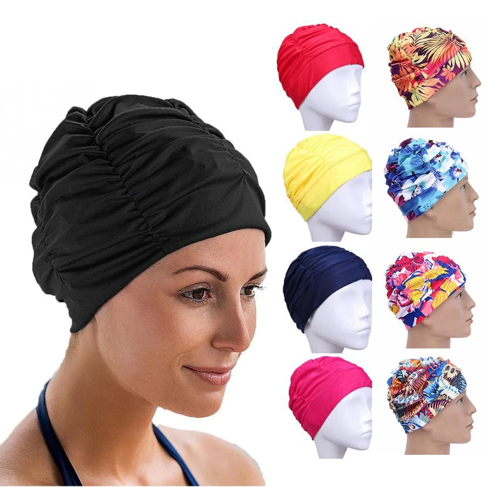 1PC High Elastic Swimming Cap Men Women Free Size Solid Flowers Printed Long Hair Sports Swim Pool Hat Nylon Turban