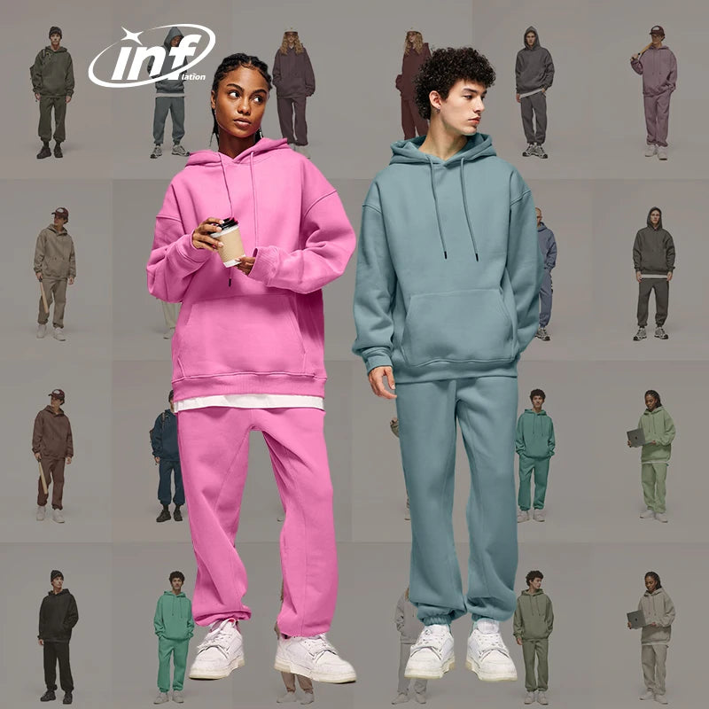 INFLATION Winter Thick Fleece Tracksuit Set Unisex Trendy Candy Color Jogging Suit Mens Matching Velvet Hoodies Set - MOUNT