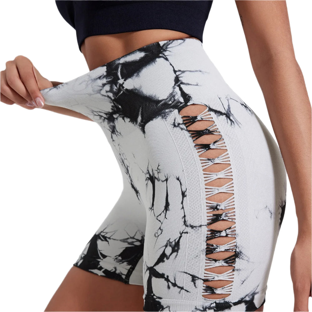 Women's 3-Piece Tie-Dye Yoga Shorts High Waist Hollow Out Fitness Tights Running Exercise Shorts Activewear